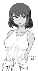 Rule 34 | 1girl, arms behind back, black hair, breasts, collarbone, covered erect nipples, dark-skinned female, dark skin, highres, medium breasts, medium hair, monochrome, nipples through clothes, shirt, tank top, tied shirt, tsukudani (coke-buta), white background