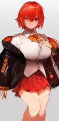 Rule 34 | 1girl, black jacket, blush, bow, bowtie, breasts, button gap, collared shirt, dangle earrings, earrings, hair between eyes, highres, hood, hooded jacket, huge breasts, jacket, jewelry, looking at viewer, nail polish, one eye closed, open clothes, open jacket, orange bow, orange bowtie, original, pleated skirt, red eyes, red hair, red skirt, school uniform, shirt, short hair, skirt, smile, solo, standing, tarbo (exxxpiation), thighs, white background, white shirt