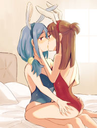 Rule 34 | 2girls, age difference, ange (angeban93), animal ears, ass grab, blue hair, blush, breasts, brown hair, fake animal ears, french kiss, highres, kagari atsuko, kiss, little witch academia, medium breasts, multiple girls, on bed, pillow, red eyes, sitting, sitting on lap, sitting on person, small breasts, teacher and student, third-party source, ursula callistis, yuri