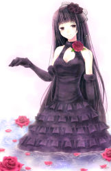 Rule 34 | 1girl, bad id, bad pixiv id, bare shoulders, black hair, breasts, brown eyes, chisa, cleavage, elbow gloves, flower, gloves, hair ornament, hat, large breasts, lolita fashion, original, outstretched hand, purple theme, rose, sleeveless, solo, water