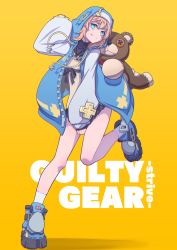 Rule 34 | 1boy, absurdres, androgyne symbol, aqua eyes, bare legs, blonde hair, blue footwear, blue jacket, bridget (guilty gear), clothes pull, commentary, copyright name, dress, english commentary, full body, guilty gear, guilty gear strive, habit, hand up, head tilt, hej (mugmnm51), hej (pixiv13035031), highres, jacket, looking at viewer, male focus, open clothes, open jacket, roger (guilty gear), shadow, shoes, short hair, simple background, smile, socks, solo, stuffed animal, stuffed toy, teddy bear, trap, white socks, yellow background, yellow dress, zipper