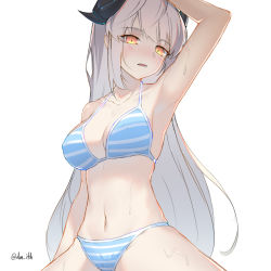 Rule 34 | 1girl, bikini, blush, breasts, dmith, fate/grand order, fate (series), glowing, glowing eyes, horns, kiyohime (fate), kiyohime (third ascension) (fate), long hair, looking at viewer, open mouth, panties, red eyes, single horn, solo, striped bikini, striped clothes, swimsuit, thighhighs, underwear, white hair, yellow eyes