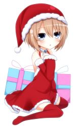 Rule 34 | 1girl, :o, bare shoulders, blanc (neptunia), blue eyes, blush, detached sleeves, dress, gift, haru blanc0316, hat, highres, looking at viewer, neptune (series), red dress, red thighhighs, santa costume, santa hat, seiza, short hair, shoulder strap, simple background, sitting, solo, thighhighs, white background