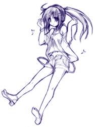 Rule 34 | 1girl, camisole, full body, headphones, high heels, long hair, midriff, monochrome, musical note, original, ponytail, purple theme, quaver, sandals, shoes, simple background, sketch, solo, toes, yuuki eishi