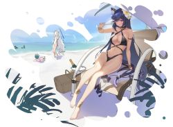 Rule 34 | 3girls, :3, :q, absurdres, alcohol, animal ear fluff, animal ears, anklet, arm support, armband, bare shoulders, basket, beach, beach umbrella, bell, bikini, black bikini, blindfold, blue-tinted eyewear, blue hair, bow, bracelet, breasts, bucket, buried, carmen (counter:side), cat ears, cat tail, chair, champagne, champagne bottle, champagne flute, choker, cleavage, collarbone, controlline3, counter:side, criss-cross halter, cup, dark blue hair, drinking glass, eyewear on head, feet, floral print, food, fruit, groin, hair between eyes, halterneck, heart, heart-shaped eyewear, heart o-ring, heart ring top, highres, holding, holding cup, ice bucket, jewelry, korean commentary, leaf, leaning back, legs, long hair, looking at viewer, lounge chair, maestro nequitia, medium breasts, multiple girls, navel, neck bell, o-ring, o-ring bottom, outdoors, pink hair, purple eyes, shade, shena (counter:side), sitting, solo focus, stomach, suikawari, swimsuit, tail, tail bow, tail ornament, tinted eyewear, tongue, tongue out, trowel, umbrella, unfinished, very long hair, watermelon, white hair