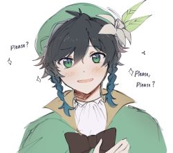 Rule 34 | 1boy, androgynous, bad id, bad twitter id, beret, black hair, blue hair, blush, bow, braid, cape, collared cape, collared shirt, english text, flower, genshin impact, gradient hair, green eyes, green hat, hand on own chest, hat, hat flower, highres, leaf, looking at viewer, male focus, multicolored hair, open mouth, shirt, short hair with long locks, simple background, smile, solo, twin braids, veechu, venti (genshin impact), white background, white flower, white shirt