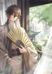 Rule 34 | 1boy, antenna hair, architecture, artist name, branch, brown eyes, brown hair, brown jacket, brown kimono, brown sash, closed mouth, curtains, day, earrings, east asian architecture, eyeshadow, folding fan, fuyuni0307, genshin impact, hair between eyes, hair down, hand fan, hand up, haori, highres, holding, holding fan, indoors, jacket, japanese clothes, jewelry, kimono, leaf, light particles, light rays, long hair, long sleeves, looking at viewer, makeup, male focus, multicolored hair, obi, obijime, open clothes, open jacket, orange hair, red eyeshadow, sash, sidelocks, single earring, smile, solo, split mouth, standing, tassel, tassel earrings, tree, twitter username, watermark, wide sleeves, window, zhongli (genshin impact)