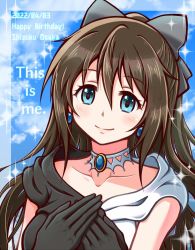 Rule 34 | 1girl, 2022, aqua eyes, artist name, artist request, back bow, bare shoulders, belt, black dress, black gloves, blue eyes, blue sky, blush, bow, bow hairband, breasts, brooch, brown hair, buttons, choker, cloud, collarbone, dated, day, diamond (gemstone), dress, drop earrings, earrings, evening gown, female focus, gloves, grey belt, grey bow, hair between eyes, hair bow, hairband, half updo, hands on own chest, high ponytail, jewelry, lace, lace gloves, long hair, looking at viewer, love live!, love live! nijigasaki high school idol club, love live! school idol festival, multicolored clothes, multicolored dress, off-shoulder dress, off shoulder, osaka shizuku, outdoors, own hands together, parted lips, plaid, plaid dress, pleated, pleated dress, ponytail, sky, sleeveless, sleeveless dress, smile, solitude rain (love live!), solo, sparkle, two-tone dress, upper body, white bow, white choker, white dress