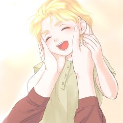 Rule 34 | 1boy, :d, aged down, bad id, bad pixiv id, blonde hair, child, closed eyes, dio brando, goori, gradient background, hands on another&#039;s face, happy, jojo no kimyou na bouken, mother and son, open mouth, smile, solo focus
