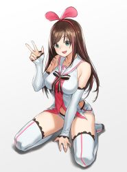 Rule 34 | 1girl, arm support, arm warmers, bare shoulders, blue eyes, boots, bow, bowtie, breasts, brown hair, collarbone, commentary request, detached sleeves, full body, hair bow, houtengeki, kizuna ai, kizuna ai inc., long hair, looking at viewer, medium breasts, multicolored hair, open mouth, pink hair, shorts, simple background, sitting, sleeveless, smile, solo, thigh boots, thighhighs, v, virtual youtuber, white background