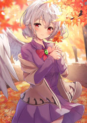 Rule 34 | 1girl, autumn, autumn leaves, blush, brown jacket, closed mouth, dress, feathered wings, grey hair, highres, jacket, kishin sagume, leaf, long sleeves, looking at viewer, maple leaf, niko kusa, purple dress, red eyes, short hair, single wing, smile, solo, touhou, white wings, wings