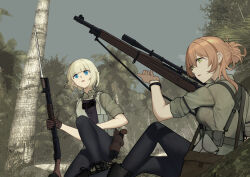 Rule 34 | 2girls, absurdres, bayonet, blonde hair, blue eyes, bolt action, breasts, brown gloves, brown hair, call of duty, call of duty: world at war, day, forest, girls&#039; frontline, gloves, green eyes, green shirt, gun, hair between eyes, hair bun, highres, holding, holding gun, holding weapon, large breasts, long hair, m1897 (girls&#039; frontline), m1903 springfield, macayase, military, military uniform, multiple girls, nature, open mouth, outdoors, palm tree, pump action, rifle, scope, shirt, short hair, short sleeves, shotgun, springfield (girls&#039; frontline), tree, uniform, weapon, winchester model 1897, world war ii