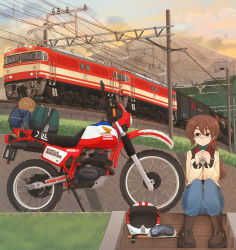 Rule 34 | 1girl, black footwear, blue pants, boots, braid, can, closed mouth, cloud, cloudy sky, commentary request, drink can, glasses, goggles, grass, hair tie, helmet, highres, holding, honda, honda 250r, locomotive, logo, long hair, long sleeves, looking at viewer, mikeran (mikelan), mitsubishi motors, motor vehicle, motorcycle, motorcycle helmet, mountain, orange skirt, original, outdoors, over-rim eyewear, pants, semi-rimless eyewear, shirt, single braid, sitting, skirt, sky, soda can, solo, stairs, utility pole, white shirt