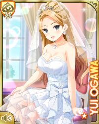 Rule 34 | 1girl, alternate hairstyle, blonde hair, bow, breasts, card, character name, cleavage, day, dress, girlfriend (kari), grey eyes, indoors, jewelry, large breasts, long hair, necklace, official art, ogawa yui (girlfriend kari), open mouth, qp:flapper, sitting, smile, solo, tagme, wedding dress, white bow, white dress