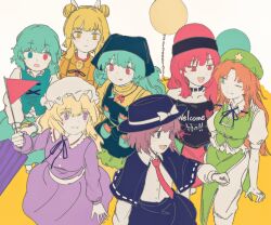 6+girls black_capelet black_hat black_shirt blonde_hair blue_hair brown_hair capelet dress green_eyes green_hair haniyasushin_keiki hat hecatia_lapislazuli heterochromia highres hong_meiling joutouguu_mayumi long_hair maribel_hearn multiple_girls necktie purple_eyes red_eyes red_hair red_necktie shirt skirt smile tatara_kogasa touhou usami_renko wasabisuke