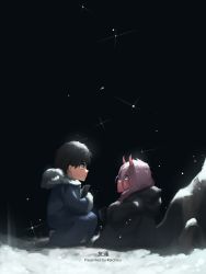 Rule 34 | 10s, 1boy, 1girl, aged down, black hair, blue eyes, book, coat, colored skin, commentary, couple, darling in the franxx, green eyes, grey coat, highres, hiro (darling in the franxx), holding, holding book, horns, long hair, looking at another, night, night sky, pink hair, red skin, reichiou, short hair, signature, sitting, sky, star (sky), starry sky, zero two (darling in the franxx)