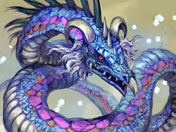 Rule 34 | brown background, dragon, fangs, horns, inadaokiki, looking at viewer, magic: the gathering, monster, no humans, open mouth, red eyes, scaled wurm, scales, sharp teeth, simple background, teeth