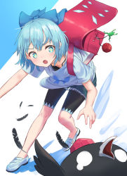 Rule 34 | + +, 1girl, :o, alternate costume, backpack, bag, bent over, bike shorts, bike shorts under shorts, bird, black shorts, blue background, blue bow, blue eyes, blue footwear, blue hair, blue shirt, blush, bow, casual, cirno, commentary, contemporary, crow, cutoffs, denim, denim shorts, downblouse, feathers, hair bow, hat, highres, loafers, looking at another, o o, open mouth, roke (taikodon), shameimaru aya, shameimaru aya (crow), shirt, shoes, short hair, short shorts, short sleeves, shorts, solo, standing, t-shirt, tears, tokin hat, touhou, two-tone background, v-shaped eyebrows, white background