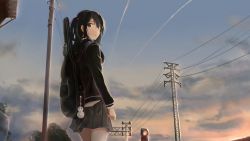 Rule 34 | 1girl, bad id, bad pixiv id, black hair, black jacket, breasts, cloud, contrail, cowboy shot, from below, guitar case, highres, instrument case, jacket, looking at viewer, looking back, original, outdoors, pleated skirt, power lines, skirt, solo, standing, traffic light, transmission tower, twilight, user nexz2257, wallpaper
