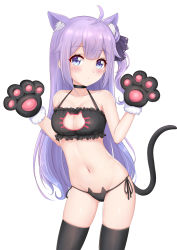 Rule 34 | 1girl, absurdres, ahoge, animal ear fluff, animal ears, animal hands, animal print, azur lane, black gloves, black thighhighs, blue eyes, blush, bra, breasts, cat cutout, cat ears, cat lingerie, cat panties, cat print, cat tail, choker, cinderella bust, cleavage, cleavage cutout, clothing cutout, collarbone, contrapposto, cowboy shot, extra ears, female focus, frilled bra, frills, gloves, groin, heart cutout, highres, long hair, looking at viewer, medium breasts, meme attire, navel, panties, paw gloves, print panties, purple hair, side-tie panties, side ponytail, simple background, solo, standing, tail, thighhighs, underwear, unicorn (azur lane), very long hair, white background, zeukiar