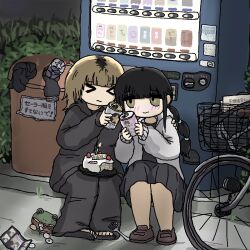 Rule 34 | &gt; &lt;, 2girls, alcohol, bicycle, birthday cake, black hair, black jacket, black pants, black shirt, black skirt, blonde hair, blunt bangs, blush, braid, brown footwear, cake, can, candle, closed eyes, closed mouth, coin, food, fork, fuchina (fucinami), full body, hand on another&#039;s shoulder, highres, holding, holding can, hood, hood down, hooded jacket, jacket, knees up, legs together, loafers, long hair, long sleeves, medium hair, multiple girls, night, on ground, open clothes, open jacket, original, outdoors, pants, pleated skirt, shirt, shoes, sitting, skirt, trash can, vending machine, wallet, white jacket