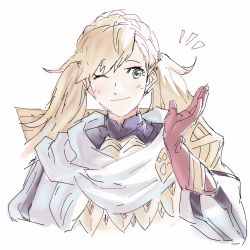Rule 34 | 1girl, absurdres, armor, blonde hair, blush, fire emblem, fire emblem heroes, green eyes, highres, long hair, looking at viewer, nintendo, one eye closed, scale armor, sharena (fire emblem), simple background, smile, solo, twintails, white background