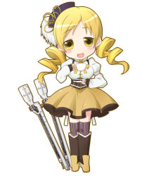 Rule 34 | 10s, 1girl, blonde hair, blush, boots, bow, cup, drill hair, full body, holding, holding cup, long hair, looking at viewer, mahou shoujo madoka magica, mahou shoujo madoka magica (anime), miiyon, open mouth, plate, smile, solo, striped clothes, striped thighhighs, teacup, thighhighs, tomoe mami, vertical-striped clothes, vertical-striped thighhighs, white background, yellow bow, yellow eyes
