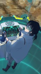 Rule 34 | 1boy, black gloves, black hair, boots, chu yoru-shina, cockpit, controller, fingerless gloves, gloves, gundam, gundam build divers, gundam build divers re:rise, highres, holding, holographic interface, holographic monitor, joystick, kuga hiroto, looking at viewer, looking back, male focus, one eye covered, poncho, science fiction, solo, standing