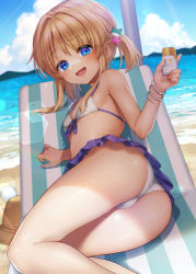 Rule 34 | 1girl, ass, bare arms, bare shoulders, bikini, blonde hair, blue eyes, breasts, commentary request, day, frog hair ornament, hair ornament, highres, holding, long hair, looking at viewer, lying, moriya suwako, nora wanko, on side, outdoors, revision, short twintails, small breasts, smile, solo, summer, swimsuit, touhou, twintails, white bikini