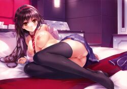 Rule 34 | 1girl, absurdres, ass, black thighhighs, blush, bra, breasts, brown eyes, brown hair, feet, front-hook bra, hair ribbon, highres, large breasts, legs, long hair, long legs, looking at viewer, lying, misaki kurehito, necktie, nipples, no shoes, off shoulder, on bed, on side, open bra, open clothes, open shirt, pink bra, pleated skirt, pussy, ribbon, shirt, skirt, smile, solo, strap slip, sweat, thighhighs, thighs, topless, uncensored, underwear, upskirt