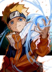 Rule 34 | 1boy, blonde hair, blue eyes, child, commentary request, energy ball, facial mark, fantasy, forehead protector, glowing, highres, looking at viewer, male focus, naruto, naruto (series), ninja, shion (1016 shio), short hair, smile, solo, uzumaki naruto, whisker markings