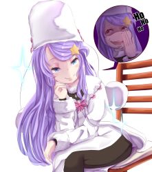 Rule 34 | 1girl, absurdres, amateur2arts, anastasia hoshin, black pants, blue eyes, chair, covering own mouth, fictional persona, fur trim, grin, hair ornament, hand over own mouth, highres, hood, hoodie, laughing, looking at viewer, pants, purple hair, re:zero kara hajimeru isekai seikatsu, russian hat, smile, sparkle, star (symbol), star hair ornament, thought bubble, white hoodie, winter clothes