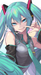 Rule 34 | 1girl, aqua eyes, aqua hair, aqua necktie, bare shoulders, commentary request, detached sleeves, grey shirt, grin, hair between eyes, hatsune miku, highres, long hair, long sleeves, looking at viewer, necktie, re (re 09), shirt, sleeveless, sleeveless shirt, smile, solo, twintails, upper body, very long hair, vocaloid