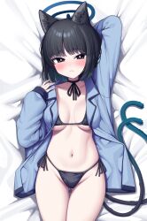 Rule 34 | 1girl, absurdres, animal ear fluff, animal ears, bed sheet, bikini, black bikini, black eyes, black hair, blue archive, blue halo, blue shirt, blush, breasts, cat ears, cat tail, closed mouth, collarbone, cowboy shot, gluteal fold, groin, halo, highres, incredibly absurdres, kikyou (blue archive), korean commentary, looking at viewer, medium breasts, metaljelly, multiple tails, navel, open clothes, open shirt, shirt, short hair, side-tie bikini bottom, solo, swimsuit, tail, thigh gap, thighs, two tails
