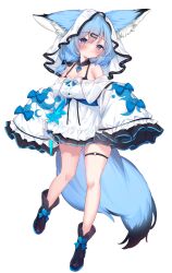 Rule 34 | 1girl, animal ear fluff, animal ears, black bra, blue eyes, blue hair, blush, boots, bow, bra, breasts, closed mouth, commentary request, detached sleeves, dress, ears through headwear, eip (pepai), fox ears, fox girl, fox tail, full body, hair ornament, hairclip, highres, large breasts, looking at viewer, medium hair, o-ring, o-ring thigh strap, off-shoulder dress, off shoulder, original, simple background, skindentation, solo, standing, tail, thigh strap, underwear, white background, white dress, white veil, wide sleeves