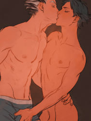 Rule 34 | 2boys, akaashi keiji, black hair, blue male underwear, bokuto koutarou, brown background, bulge, chengongzi123, closed eyes, couple, erection, erection under clothes, face-to-face, facing another, groin, haikyuu!!, hand on another&#039;s hip, hand up, highres, kiss, male focus, male underwear, multicolored hair, multiple boys, nipple-to-nipple, nipples, nude, profile, short hair, simple background, spiked hair, topless male, two-tone hair, underwear, underwear only, upper body, white hair, yaoi