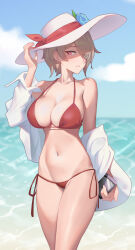 Rule 34 | 1girl, beach, bikini, blue sky, breasts, brown hair, chinese commentary, cleavage, cloud, collarbone, commentary request, day, flower, hair over one eye, hat, hat flower, highres, holding, honkai (series), honkai impact 3rd, large breasts, looking at viewer, mole, mole under eye, navel, ocean, off shoulder, outdoors, red bikini, rita rossweisse, ruo zhishi chu jian, short hair, sky, solo, standing, stomach, sun hat, swimsuit