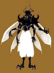 Rule 34 | 1boy, animal feet, antennae, arthropod boy, arthropod limbs, au ra, baggy pants, blank eyes, brown background, claws, extra arms, final fantasy, final fantasy xiv, full body, hands up, highres, insect wings, looking at viewer, low horns, male focus, monster boy, no lineart, pants, robodumpling, short hair, simple background, solo, standing, topless male, warrior of light (ff14), white pants, wings