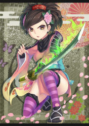Rule 34 | 1girl, armor, brown eyes, brown hair, bug, butterfly, comb, egasumi, flower, foreshortening, hair flower, hair ornament, highres, insect, katana, kneeling, momohime, oboro muramasa, on one knee, sandals, seigaiha, solo, striped clothes, striped thighhighs, sword, thighhighs, weapon, yazaki yuuji