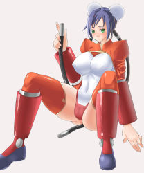 Rule 34 | 1girl, aq interactive, arcana heart, atlus, blush, breasts, bun cover, covered erect nipples, covered navel, double bun, examu, green eyes, hair bun, large breasts, mei-fang, nagase haruhito, purple hair, short hair, shrug (clothing), simple background, solo, thighhighs, white background