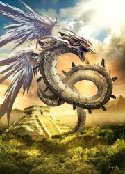 Rule 34 | aztec, dragon, epic, feathers, forest, genzoman, jungle, kukulcan, maya (culture), mayan mythology, mexico, monster, mountain, nature, no humans, original, pyramid (structure), quetzalcoatl (mythology), realistic, red eyes, signature, sky, snake, solo, sun, temple, wings