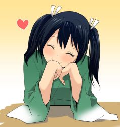 Rule 34 | 10s, 1girl, black hair, closed eyes, hair ribbon, heart, japanese clothes, kantai collection, long sleeves, looking at viewer, masukuza j, md5 mismatch, resized, ribbon, short twintails, smile, solo, souryuu (kancolle), twintails