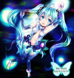 Rule 34 | 10s, 1girl, 2013, ahoge, aqua eyes, aqua hair, arm up, bridal gauntlets, center opening, character name, artistic error, happy birthday, hatsune miku, hatsune miku (append), long hair, navel, necktie, shizuki mio, solo, thighhighs, twintails, very long hair, vocaloid, vocaloid append