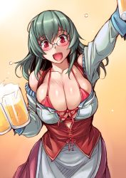 Rule 34 | 1girl, :d, alcohol, beer, beer mug, bespectacled, bikini, bikini top only, blush, breasts, cleavage, cowboy shot, cup, dirndl, german clothes, glasses, large breasts, long hair, looking at viewer, mug, oktoberfest, aged up, open mouth, red eyes, rozen maiden, silver hair, smile, solo, suigintou, swimsuit, tsuda nanafushi