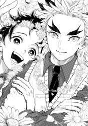 Rule 34 | 2boys, :d, absurdres, collared shirt, crossed arms, daisy, flower, greyscale, hair ornament, hand on another&#039;s arm, hayate aki, head wreath, highres, kamado tanjirou, kimetsu no yaiba, looking at viewer, male focus, monochrome, multiple boys, necktie, open mouth, rengoku kyoujurou, shirt, short hair, simple background, smile, sweater vest, thick eyebrows, twitter username, v, vest, white background