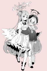 Rule 34 | 2girls, absurdres, angel wings, ankle bow, ankle ribbon, blue archive, blush, bow, bowtie, closed mouth, commentary, contrapposto, dress, facing viewer, fingering, frilled dress, frills, full body, greyscale with colored background, halo, hat, head wings, highres, holding another&#039;s arm, koharu (blue archive), long hair, loose socks, mika (blue archive), multiple girls, neckerchief, off shoulder, partially colored, pink background, ribbon, shiratama mochi, shy, sidelocks, simple background, socks, standing, very long hair, wings, yuri