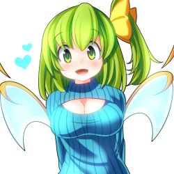 Rule 34 | 1girl, alternate costume, arms behind back, bad id, bad pixiv id, blush, bow, breasts, cleavage, cleavage cutout, clothing cutout, daiyousei, fairy wings, green eyes, green hair, hair bow, heart, large breasts, long sleeves, matching hair/eyes, meme attire, oimo (imoyoukan), open-chest sweater, open mouth, ribbed sweater, side ponytail, smile, solo, sweater, touhou, turtleneck, wings