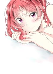 Rule 34 | 1girl, absurdres, blush, closed mouth, completely nude, highres, kasukasu (tomato heya), looking at viewer, love live!, love live! school idol project, nishikino maki, nude, purple eyes, red hair, short hair, simple background, smile, solo, white background