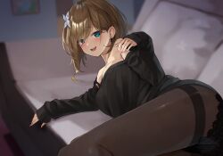 Rule 34 | 1girl, absurdres, aogiri koukou, aqua eyes, ass, beckoning, black panties, black sweater, blush, breasts, brown hair, come hither, commentary request, couch, ear piercing, hair ornament, highres, indoors, kkix25, kurikoma komaru, lace, lace-trimmed panties, lace trim, large breasts, long sleeves, lying, off-shoulder sweater, off shoulder, on couch, on side, open mouth, panties, panties under pantyhose, pantyhose, piercing, raised eyebrows, seductive smile, short hair, sleeves past wrists, smile, solo, sweater, teeth, thighband pantyhose, underwear, upper teeth only, virtual youtuber