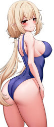 Rule 34 | 1girl, absurdres, ass, blonde hair, blue one-piece swimsuit, blush, breasts, closed mouth, highres, landel, large breasts, long hair, looking at viewer, low twintails, one-piece swimsuit, original, pointy ears, red eyes, simple background, smile, solo, swimsuit, thighs, twintails, white background